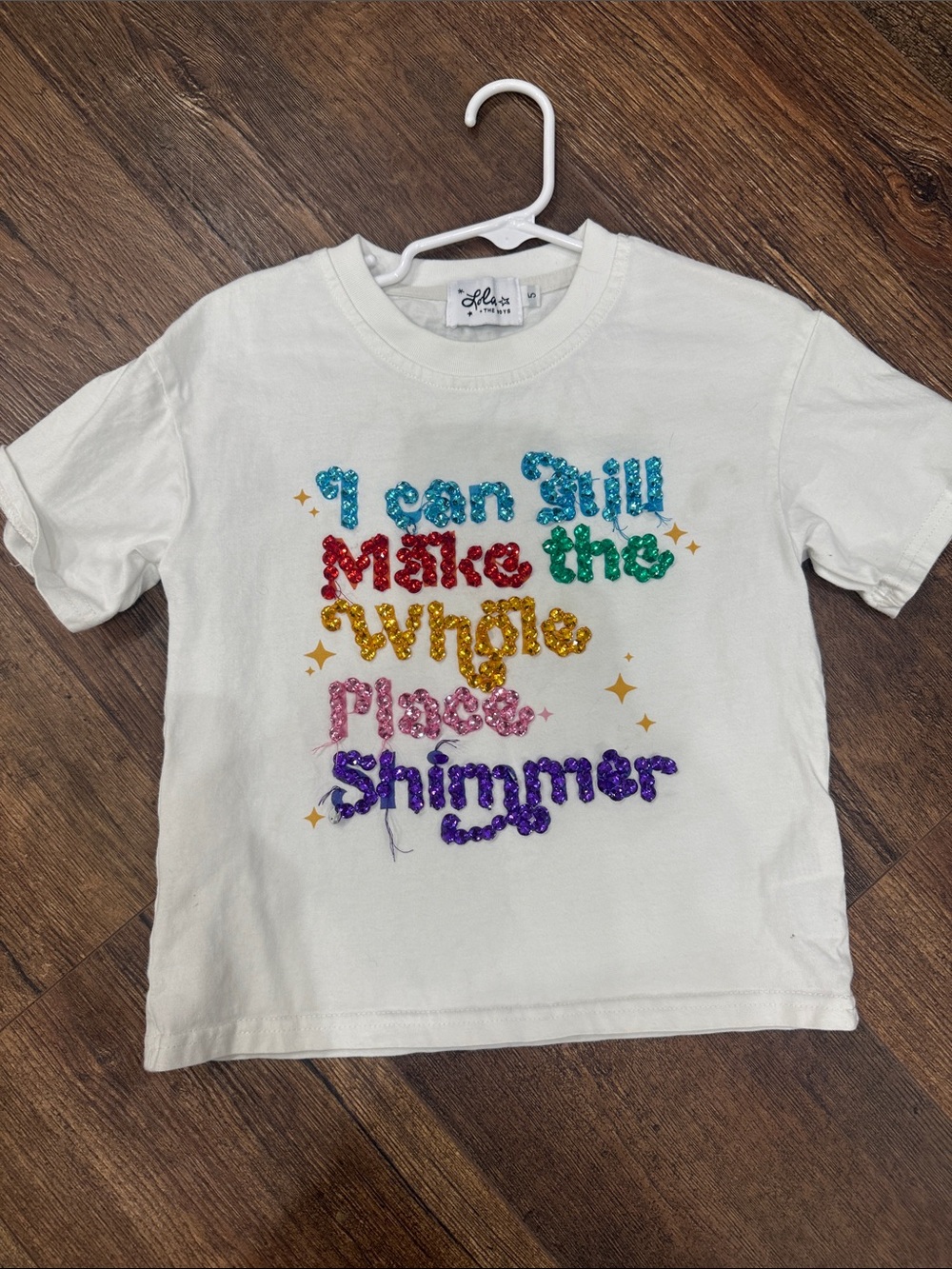 Lola + The Boys White Sequin Graphic Tee - Multicolor Sparkle Text